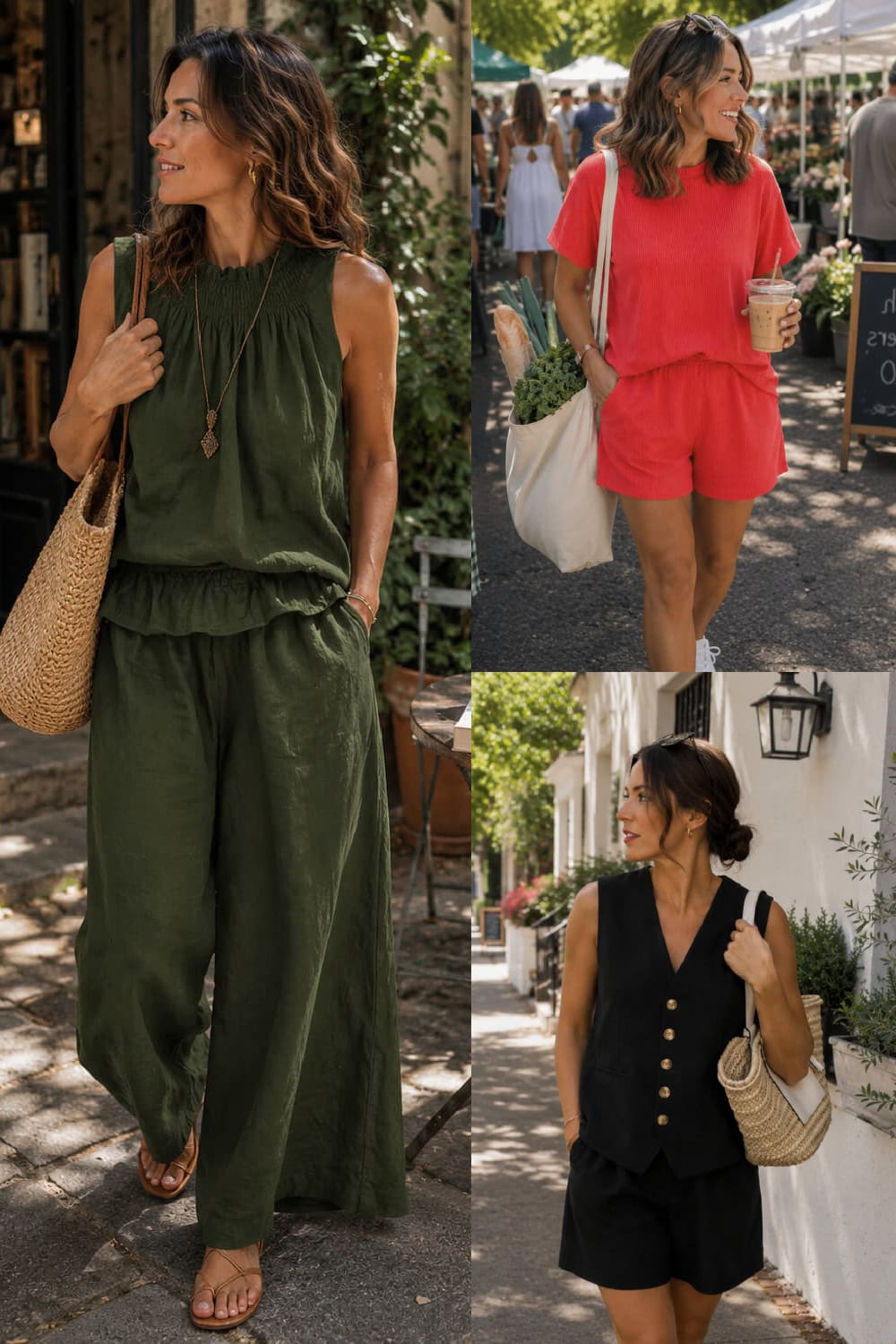 Collage featuring three summer matching sets for women, including a wide-leg set, a ribbed shorts set, and a sleeveless button-up shorts set.