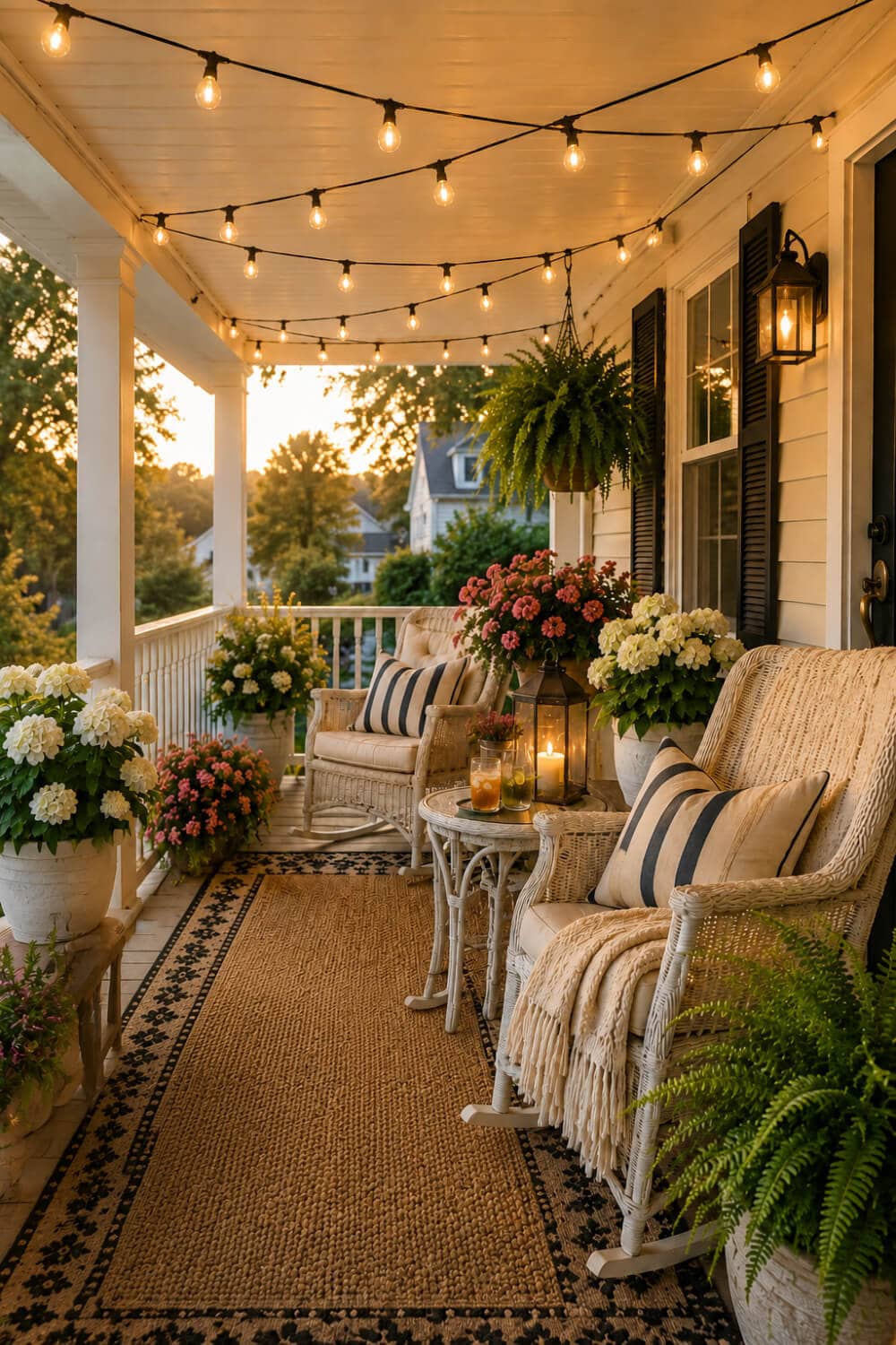 Cozy front porch with string lights, wicker rocking chairs, lanterns, layered rugs, and flowers creating an inviting outdoor living space at sunset.