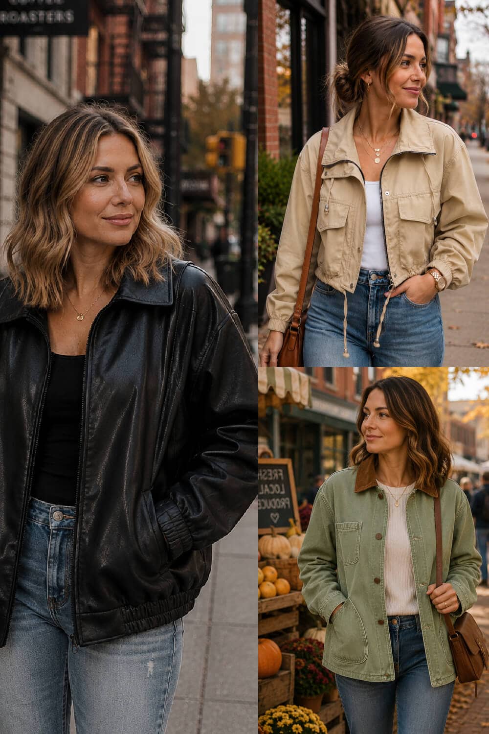Collage featuring three women wearing stylish fall jackets for women, including a faux leather jacket, cropped utility jacket, and barn jacket in casual autumn outfits.