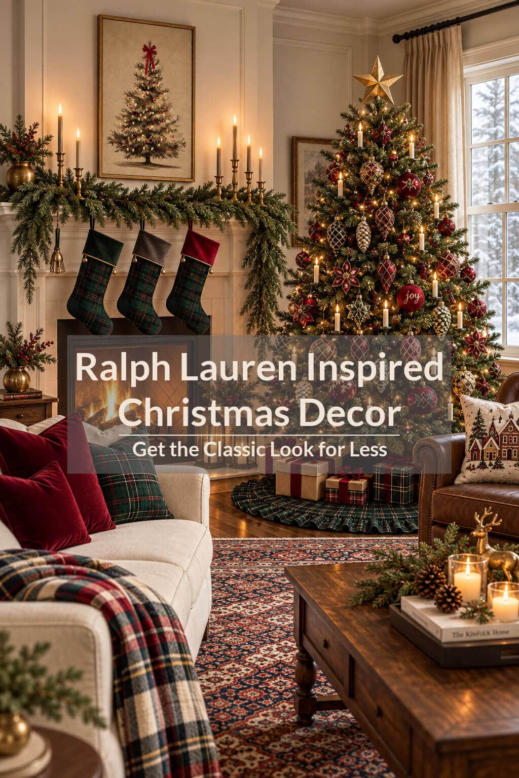 Ralph Lauren inspired Christmas decor with a traditional plaid Christmas tree, decorated mantel, velvet pillows and classic red and green accents